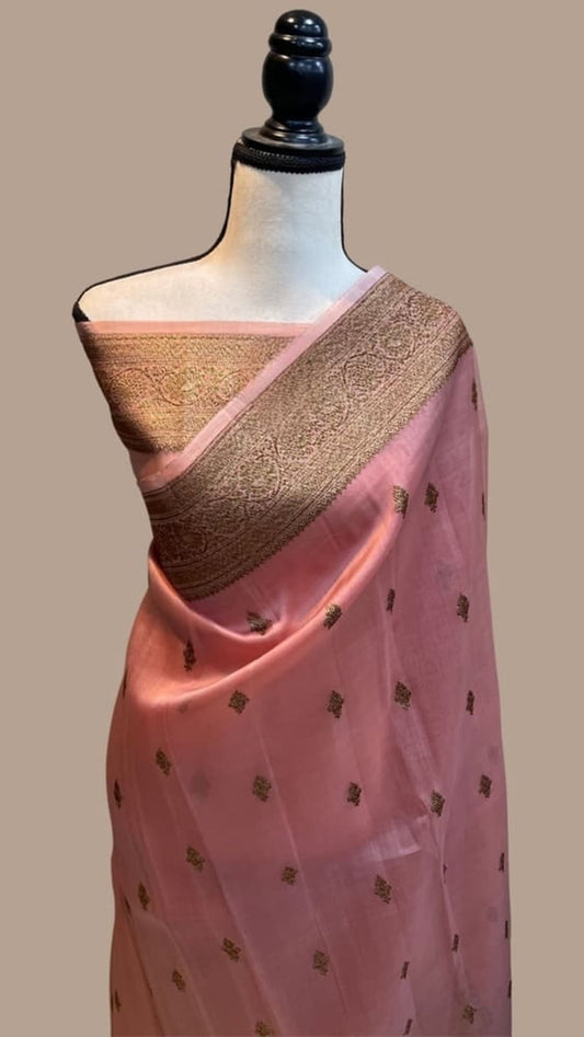 Pink Banarasi saree with gold-toned border and small motif print