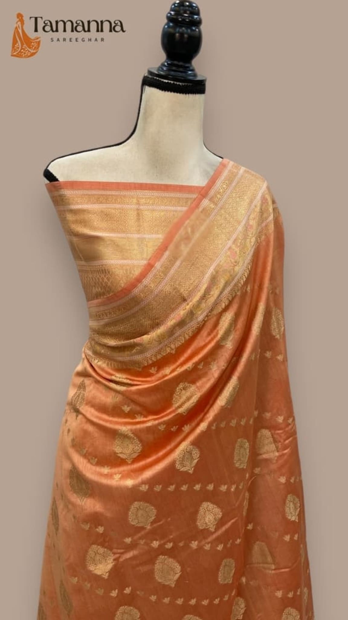 Peach cotton handloom Banarasi saree with gold border and repeating motif pattern