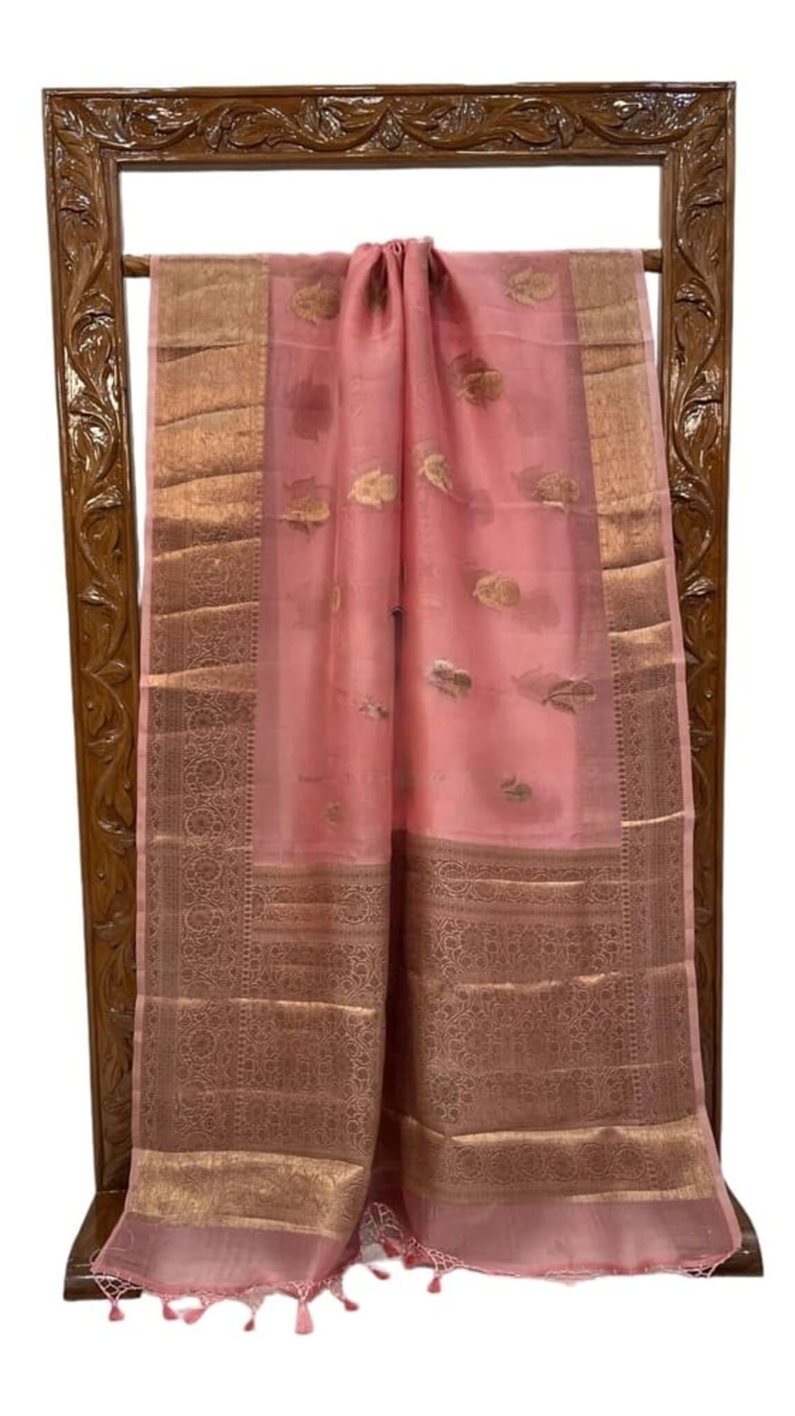 Peach Banarasi handloom saree with gold border stripes, leaf motifs, tassel fringe hem