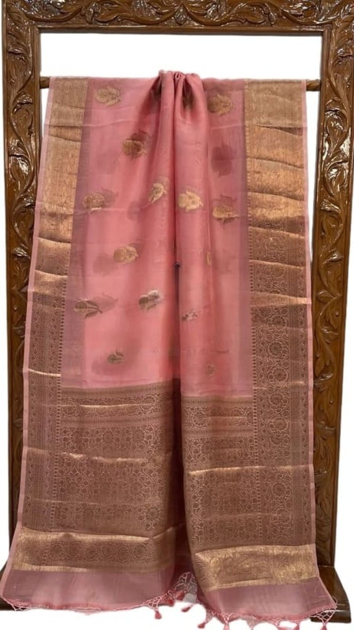 Peach Banarasi handloom saree, gold checkered border panels and scattered leaf motifs