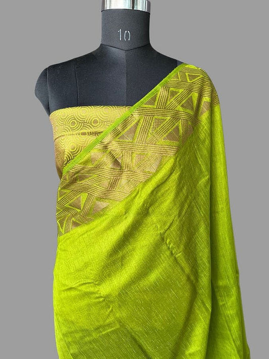 Lime green Banarasi silk saree with copper zari pallu and wide woven border