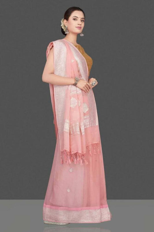 Pink saree with cream zari pallu, floral butta design, full-length front drape