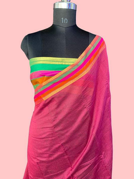 Pink pure silk saree with rainbow dual border, draped on mannequin bust