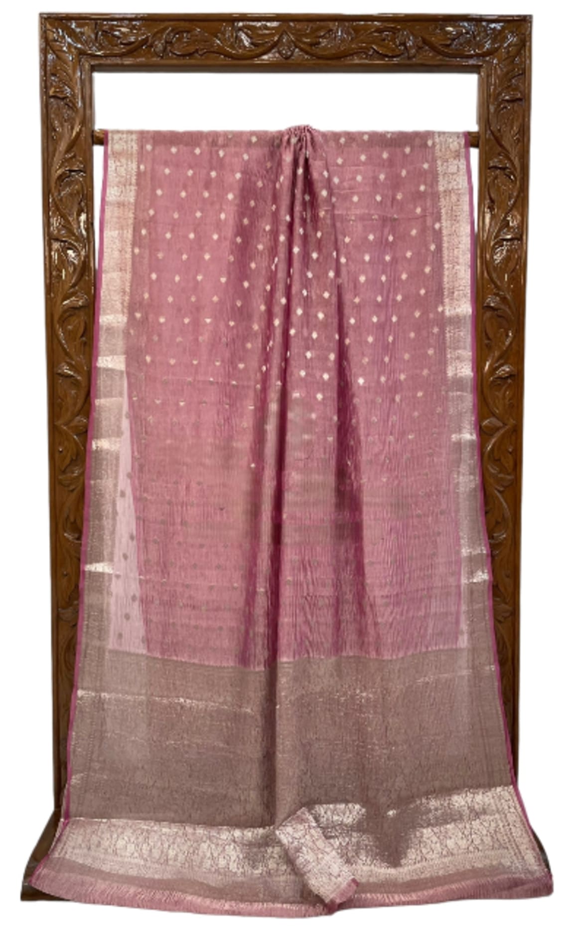 Pink Banarasi tissue saree with gold border, pleated pallu with small motifs