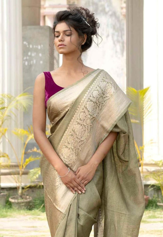 Olive green linen saree with gold woven center panel and Banarasi-style border