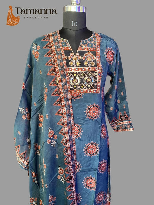 Teal Ajrakh print kurta with V-neck, three-quarter sleeves, red and gold border work