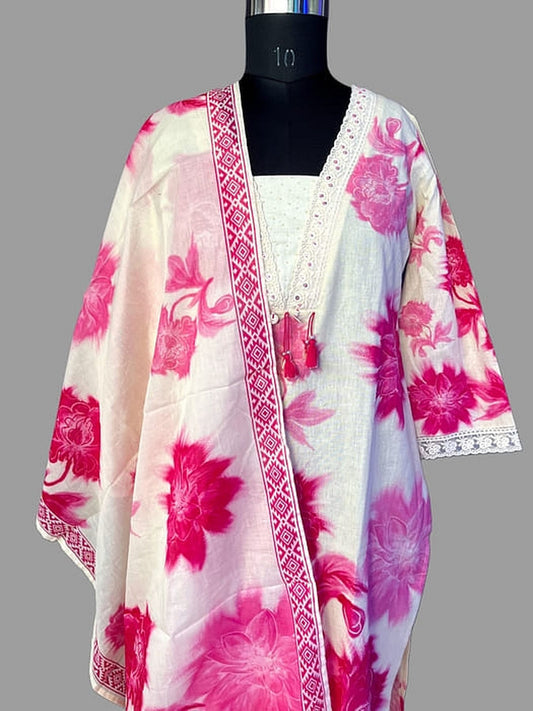 White cotton kurta with pink floral motifs, contrast V-placket and lace cuff trim