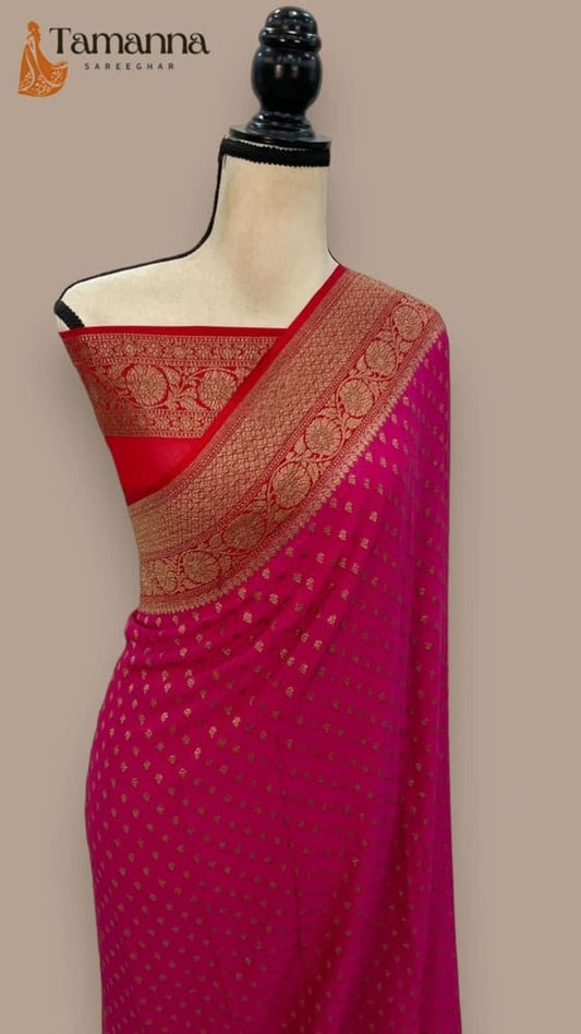 Purple saree with antique gold zari pallu and ornate border, worn on a draped mannequin