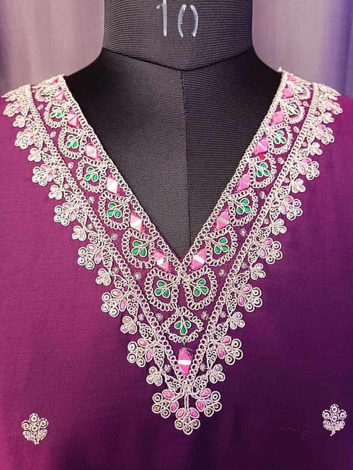 Purple pure silk V-neck with lace-like embroidery and green center motifs