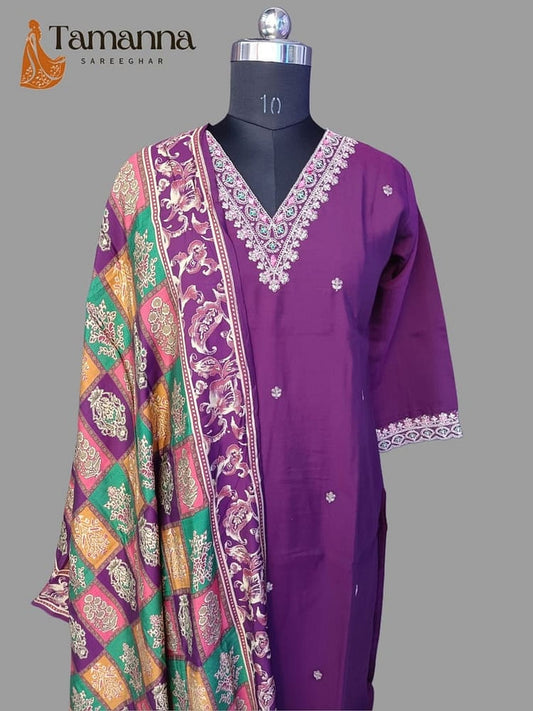 Purple pure silk suit set with ornate white yoke and multicolor dupatta drape