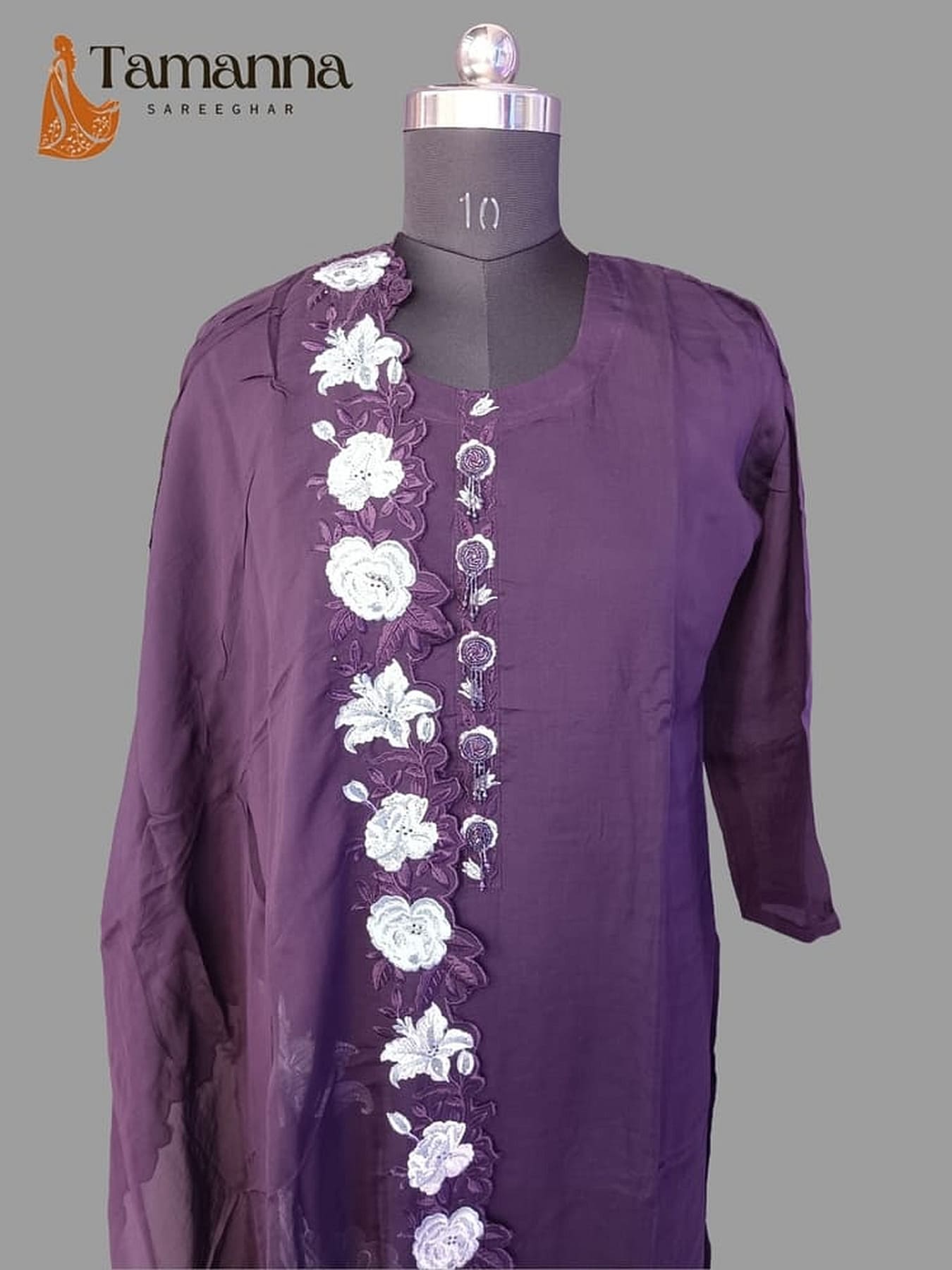 Purple kurta with long white floral embroidery front and round neckline