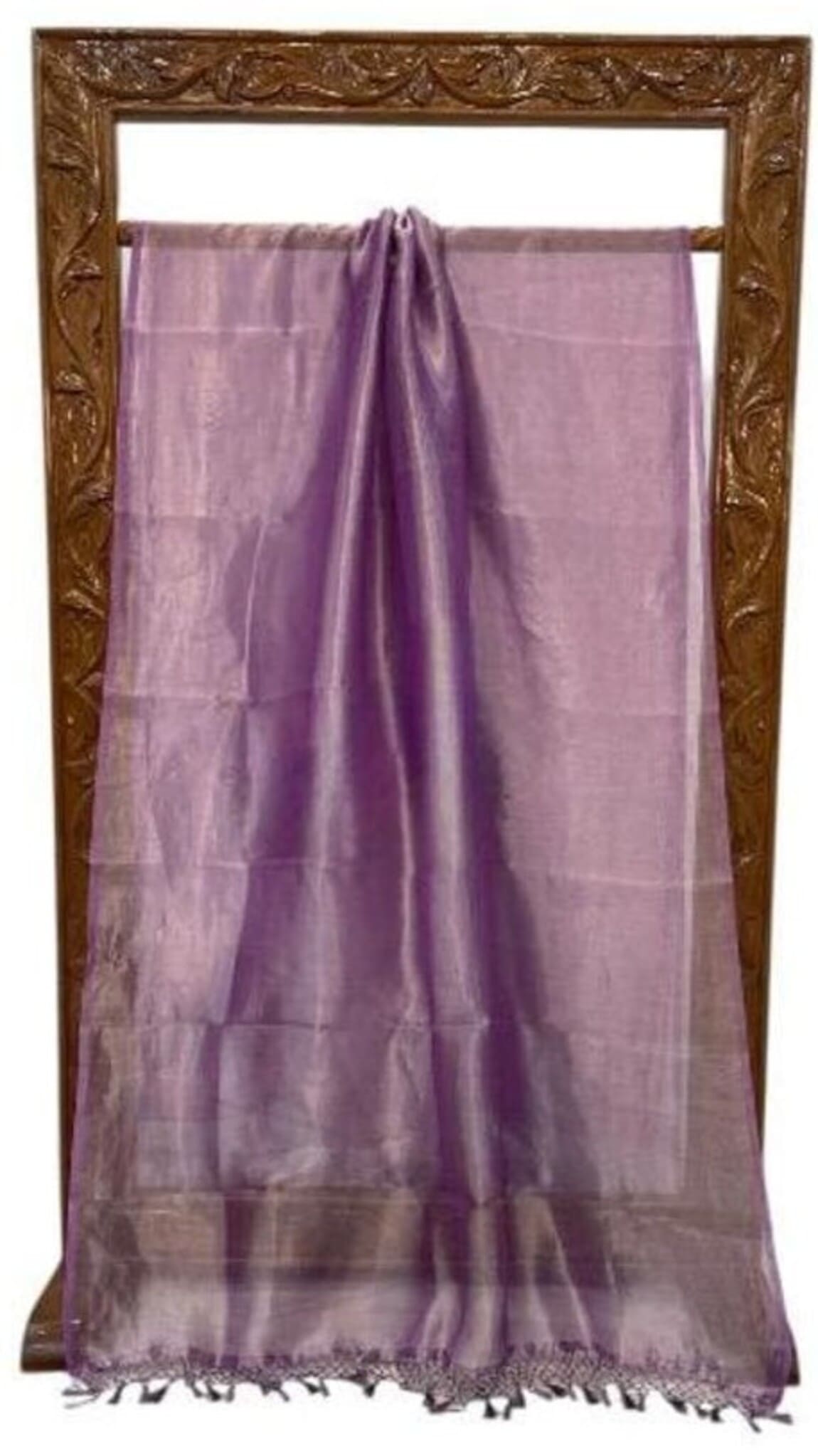 Purple sheer Banarasi saree laid flat, pleated pallu, zari border and tassel fringe