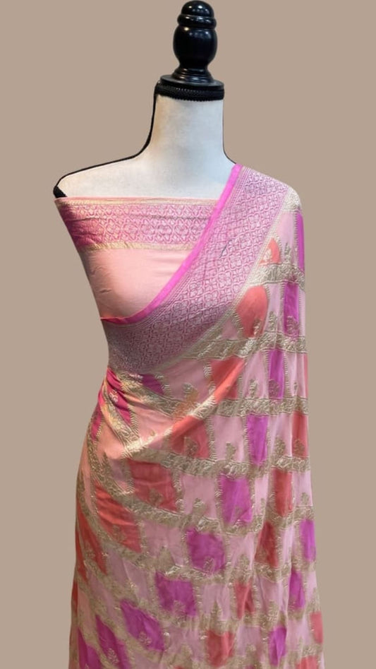 Banarasi georgette saree with pink pallu, gold leaf motifs and zari edge
