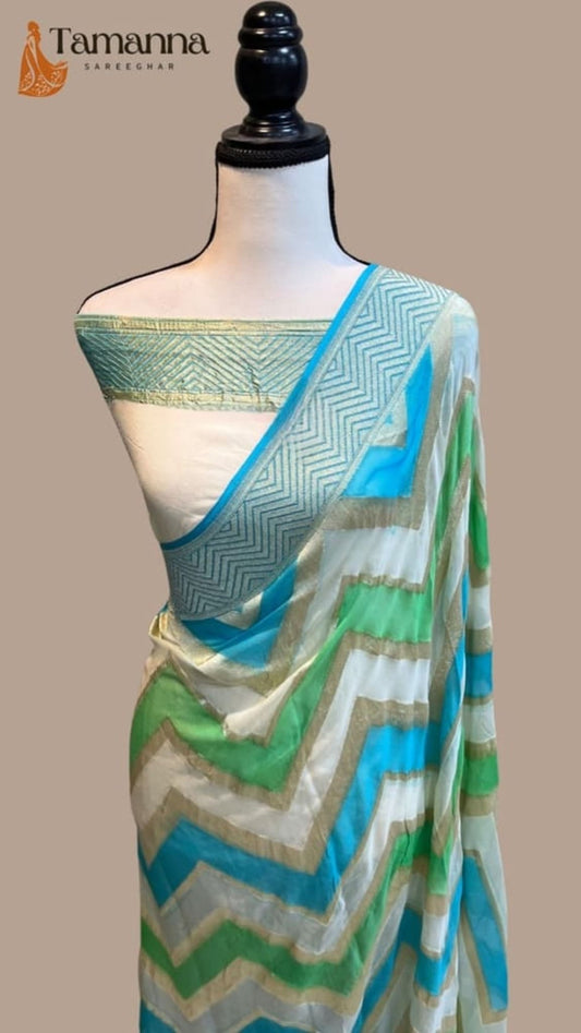 Handloom Banarasi saree draped, turquoise base with blue-green striped pallu