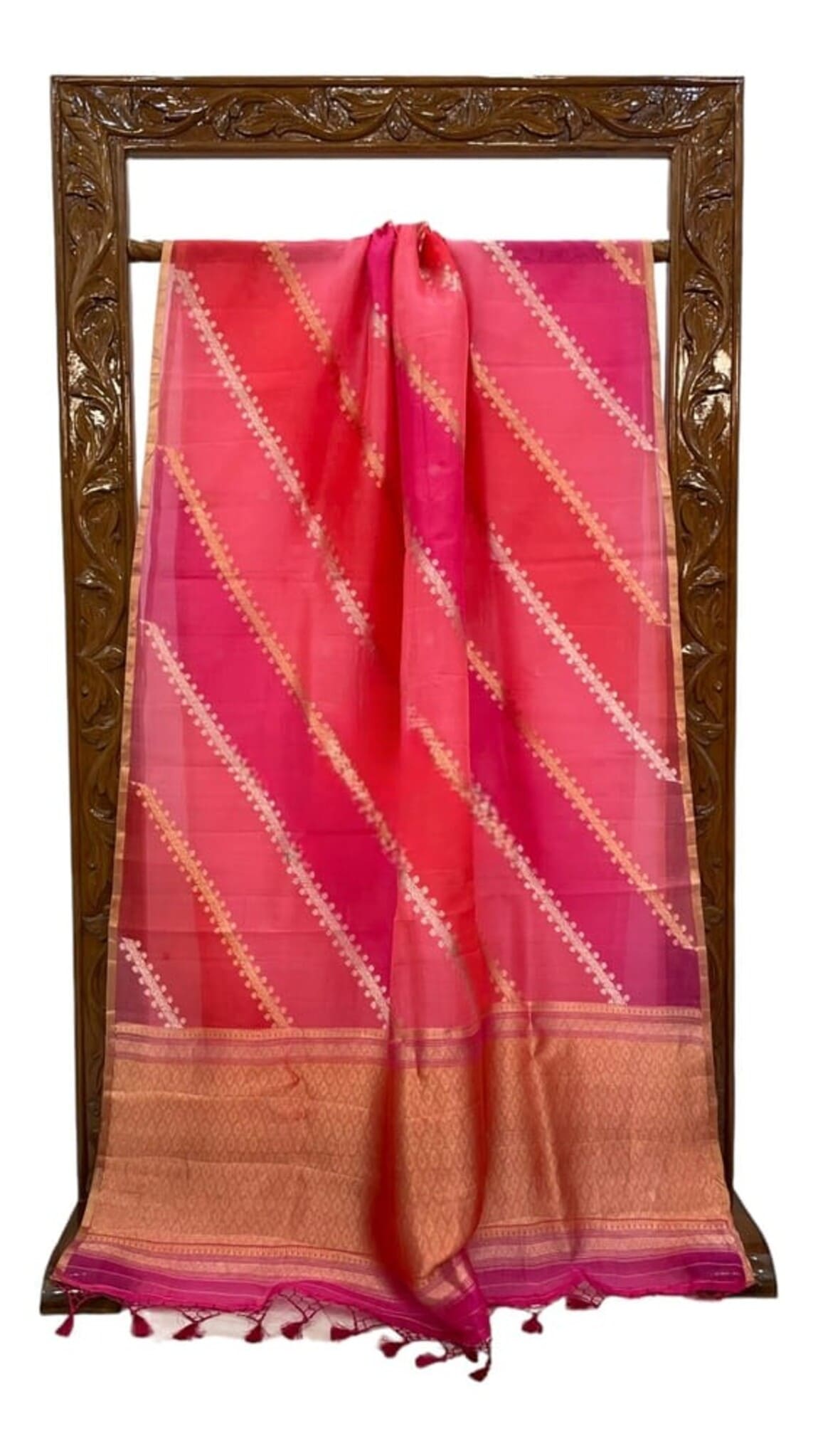 Pink Banarasi saree with gold and white diagonal motifs, gold border and draped pallu