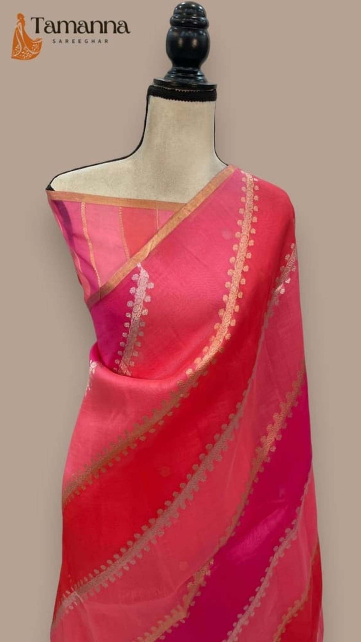 Pink Banarasi handloom saree with gold and white diagonal zari motifs, golden border
