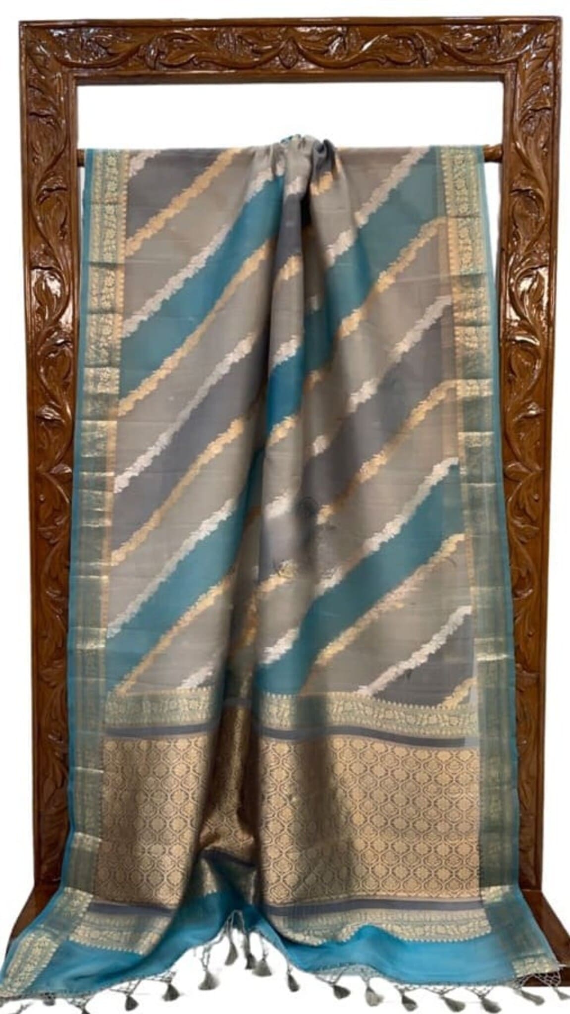 Turquoise & grey Banarasi silk saree with gold stripes, tassels, wide border