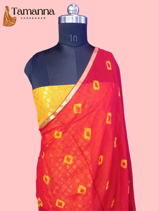 Red Pure Chiffon Bandhej Saree | Tamanna Saree