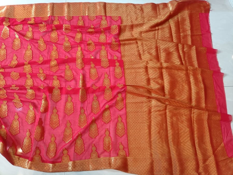 Red and gold zari saree panel with textured stripe work and motif grid