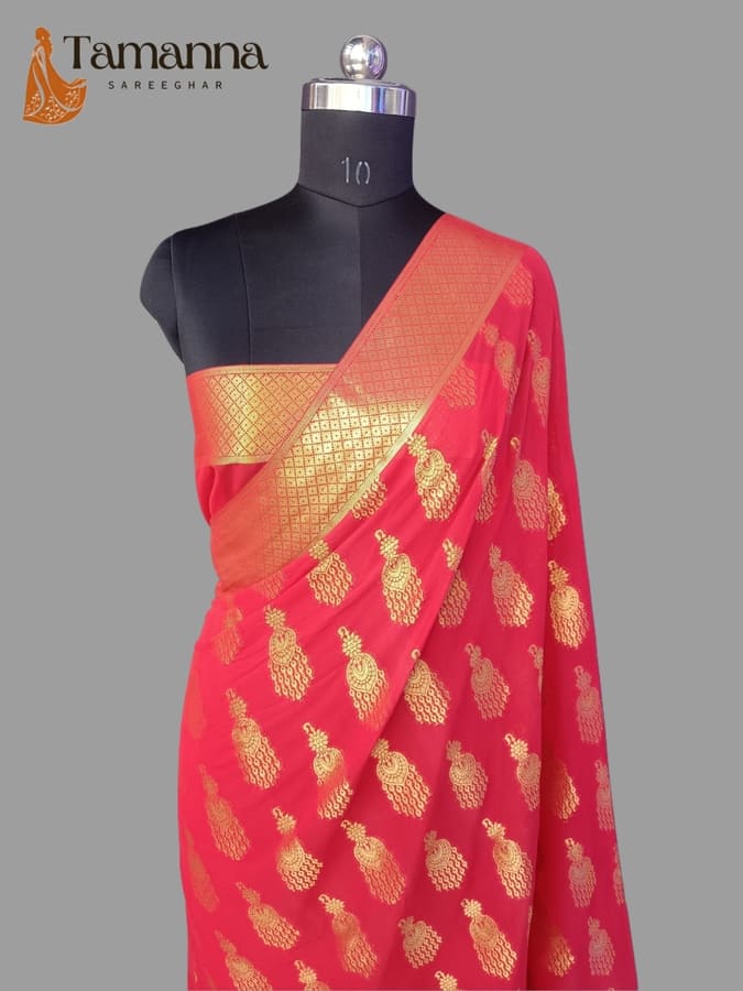 Red chiffon saree with gold zari pallu and scattered gold pattern