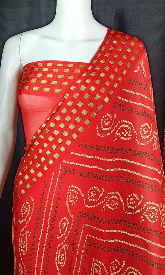 Red saree drape with zari work border and small lattice pattern