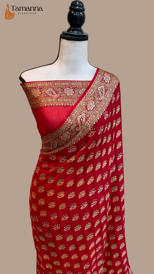Red Banarasi chiffon saree with gold-trimmed pallu and small geometric motifs