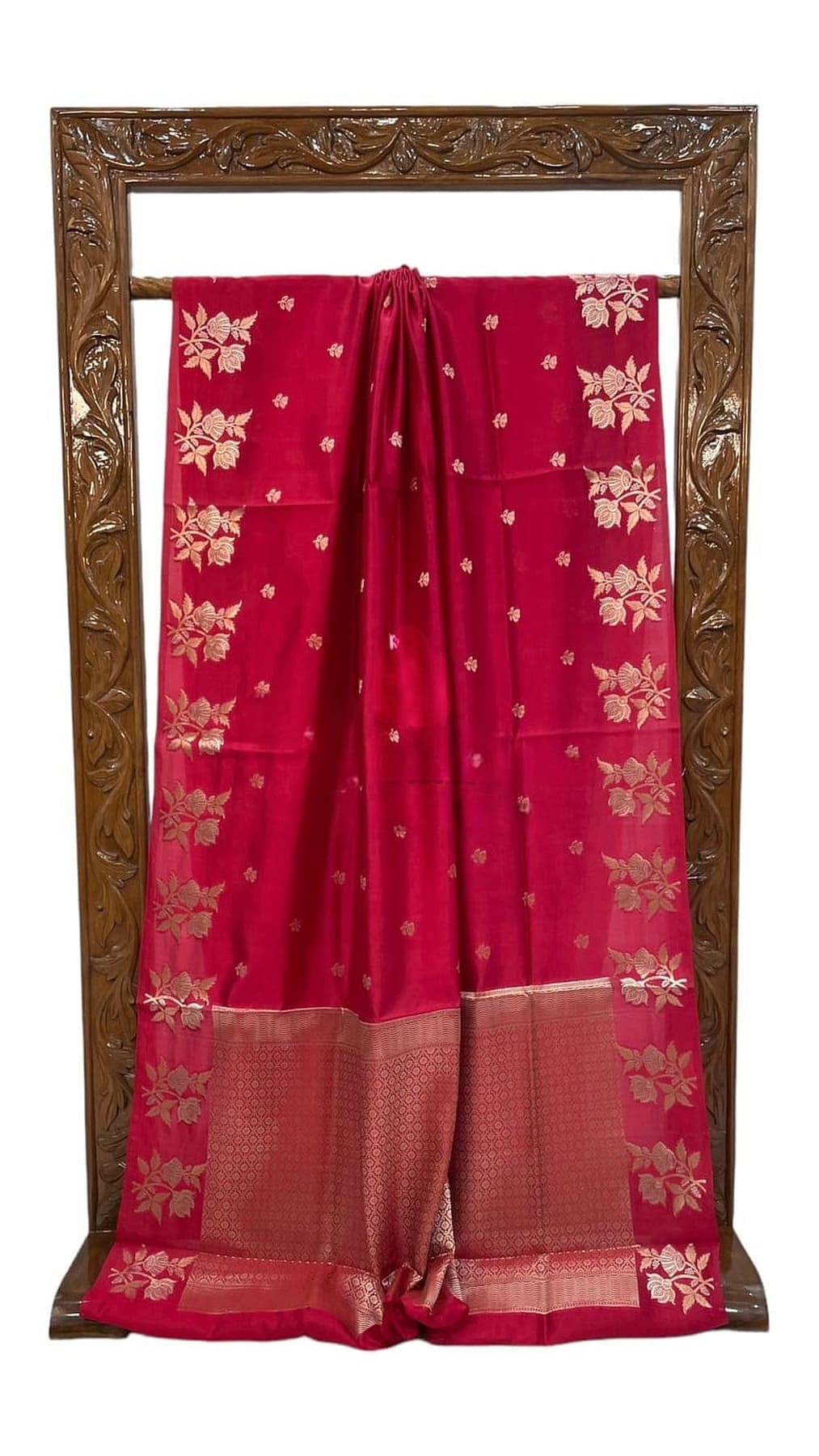 Red silk saree front view with gold floral border and sheer maroon end panel