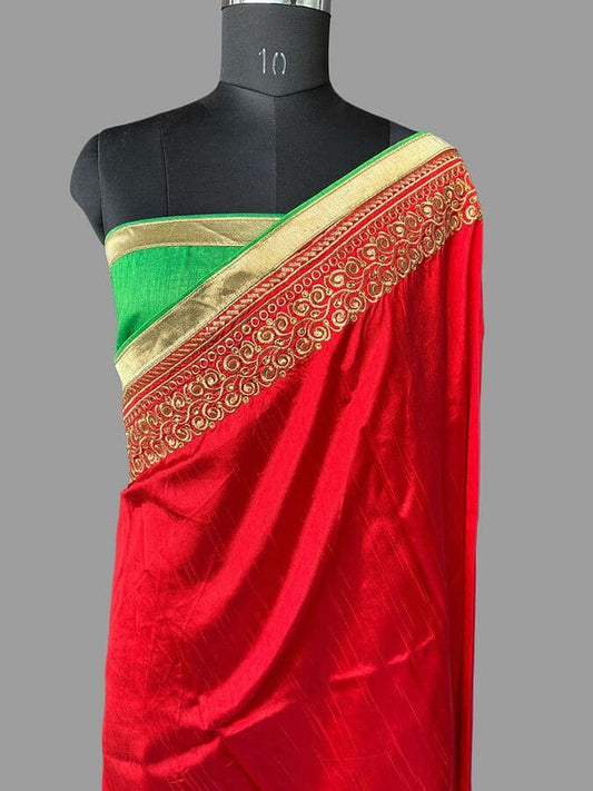 Pure silk saree, red pallu with green band and gold circular zari motifs