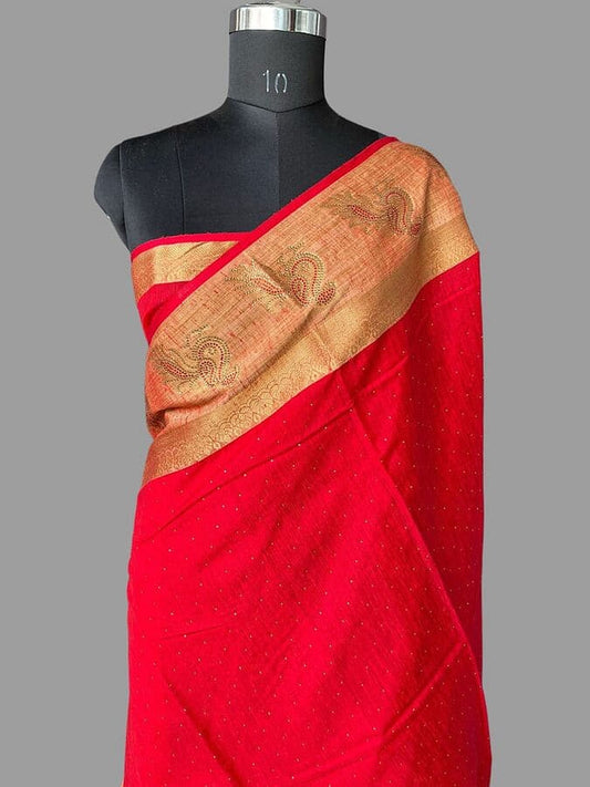 Red pure silk Banarasi saree, golden pallu with paisley motifs and sparkling dots
