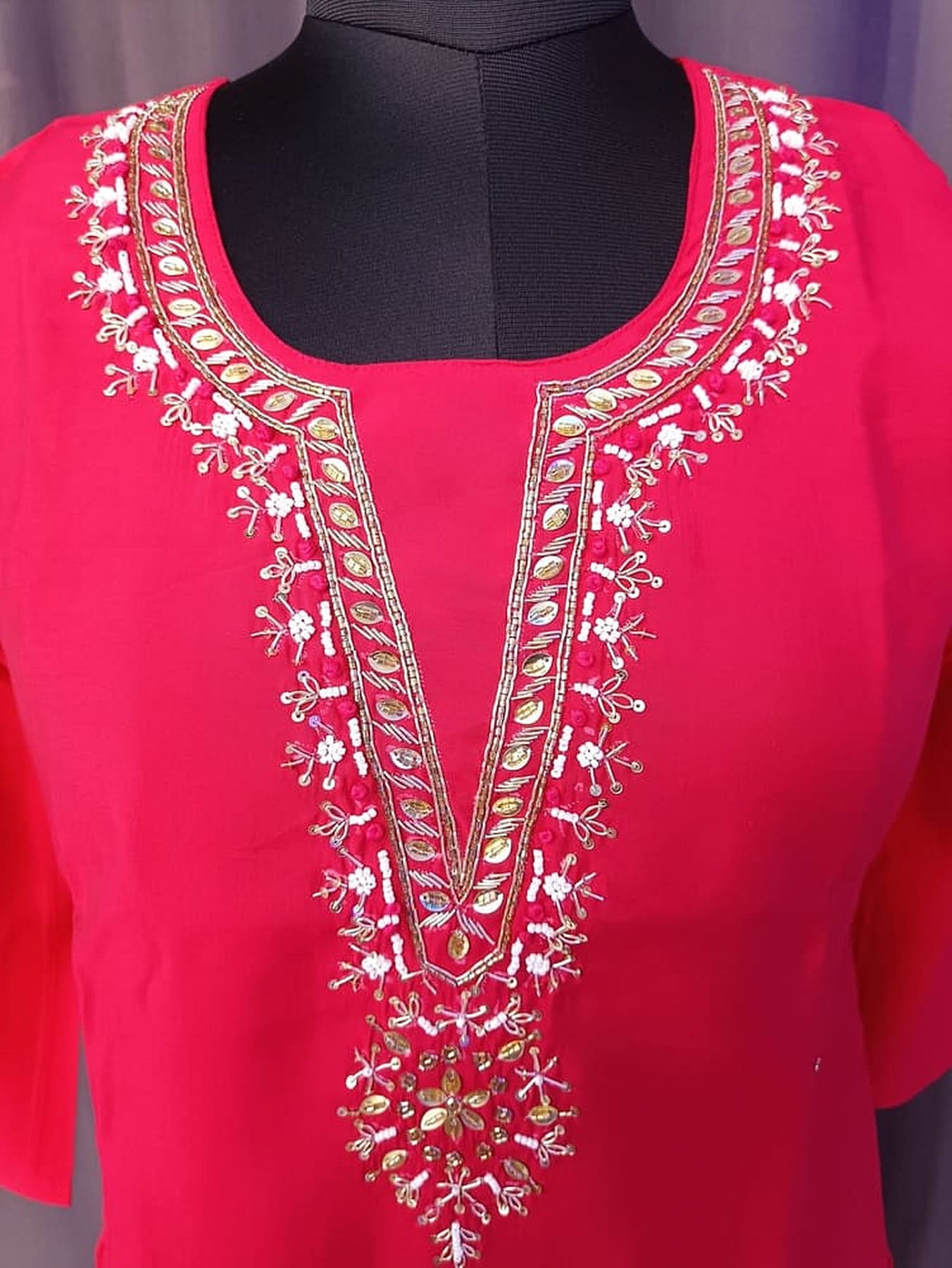 Silk kurta front panel with detailed multicolor embroidery at V-neckline