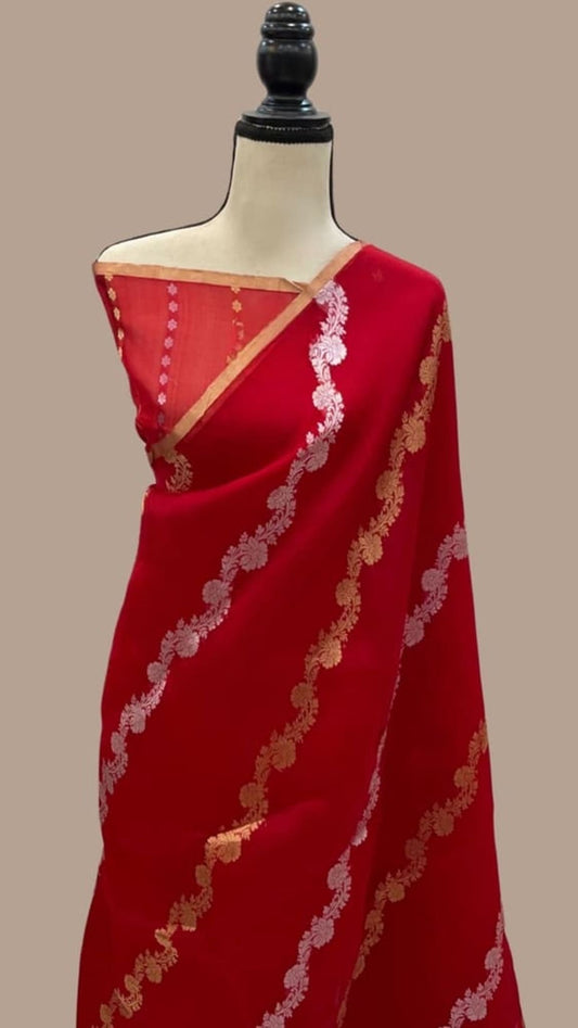 Red Banarasi handloom saree with gold and silver zari stripes, pallu border