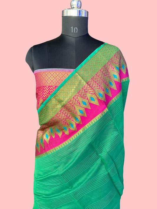 Sea green pure silk saree with gold edging, pink border, and geometric pallu
