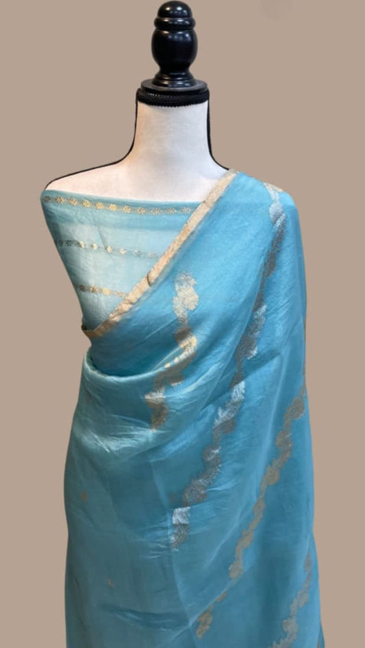 Sea blue Banarasi handloom saree with gold zari border and pallu