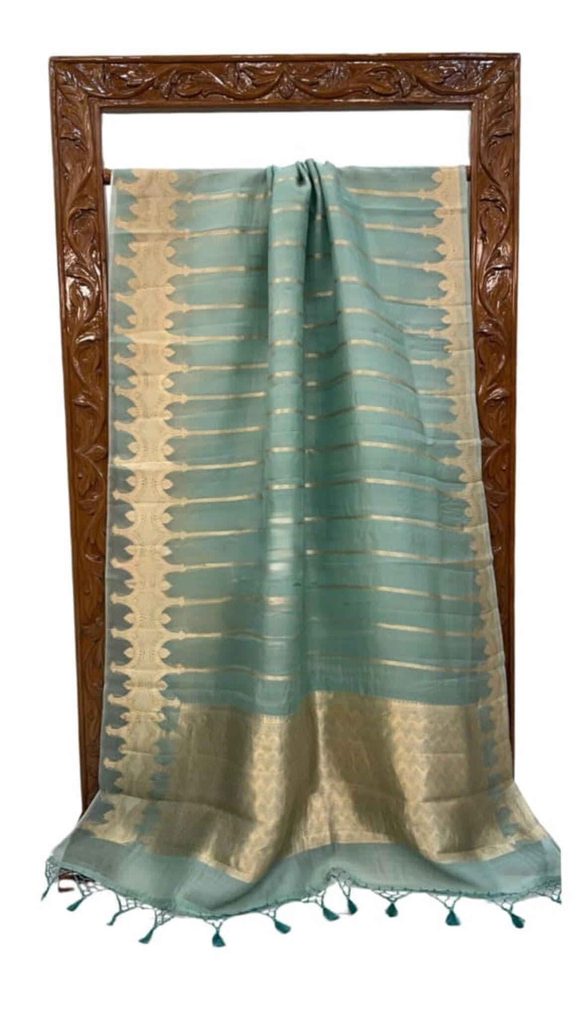 Sea green Banarasi saree with gold border, striped weave, and tassel hem