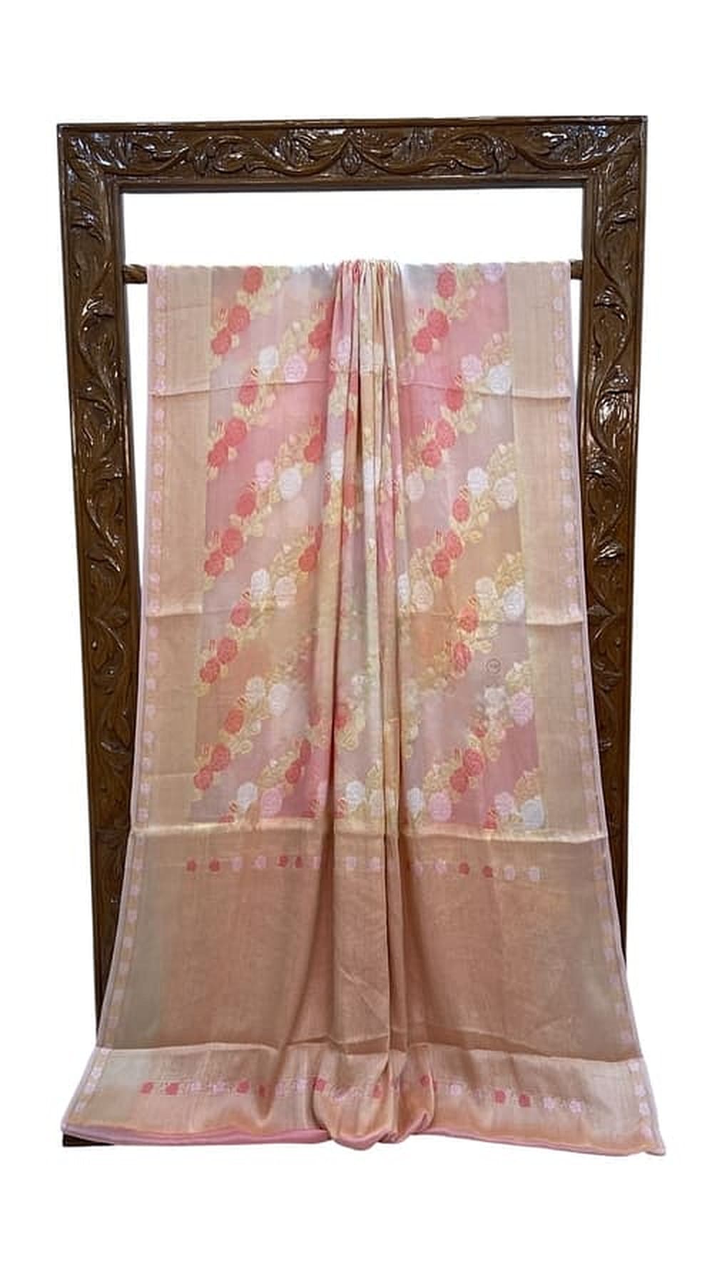 Draped light pink chiffon saree with floral motifs, straight fall and bordered pallu