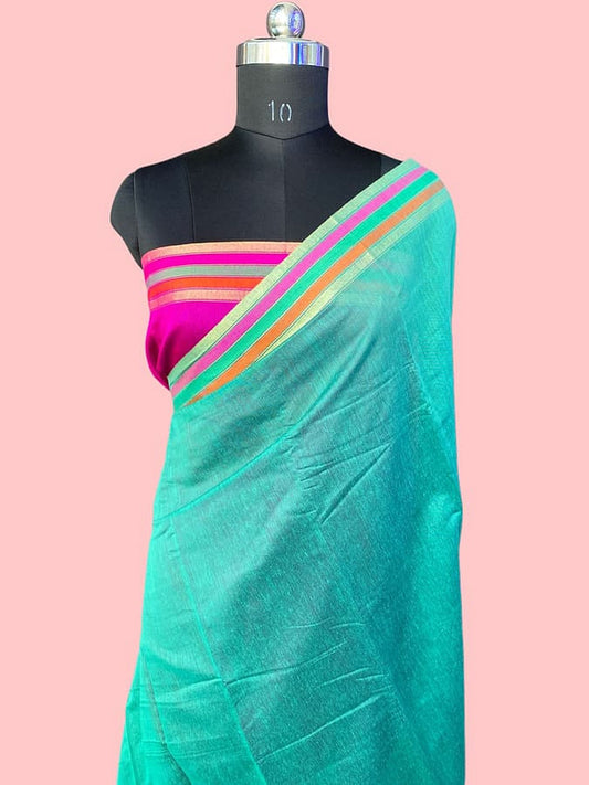 Pure silk saree, turquoise with diagonal multicolor border and magenta stripe