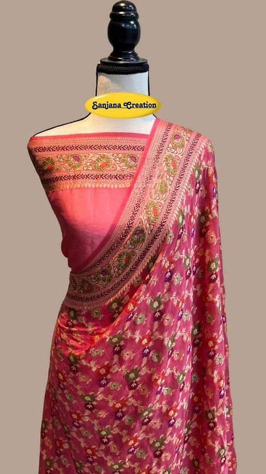 Magenta floral chiffon saree with ornate zari border on pallu
