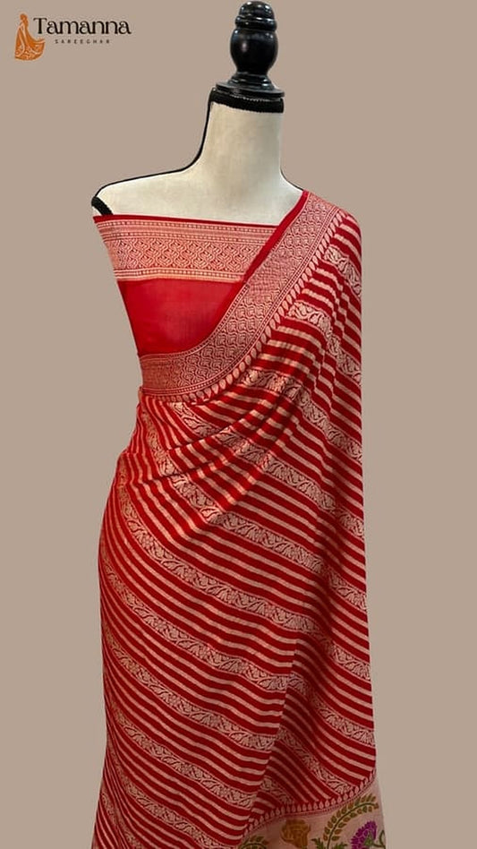 Tamanna red Banarasi saree with striped drape and gold zari border