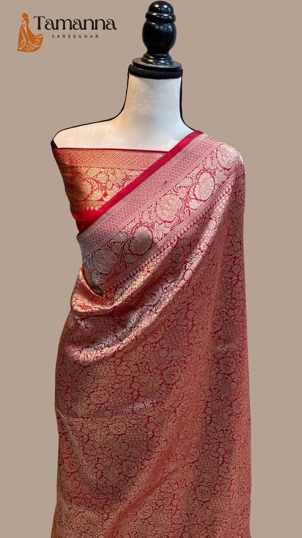 Katan silk Banarasi saree draped on mannequin, maroon body with red contrasting border