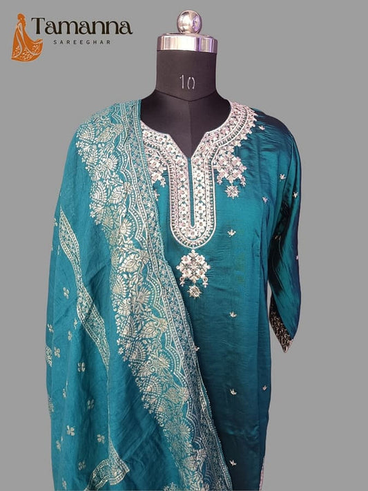 Teek blue silk suit set; front view teal kurta with matching Banarasi chunni