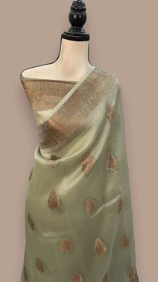 Light green handloom saree with gold zari border and patterned pallu
