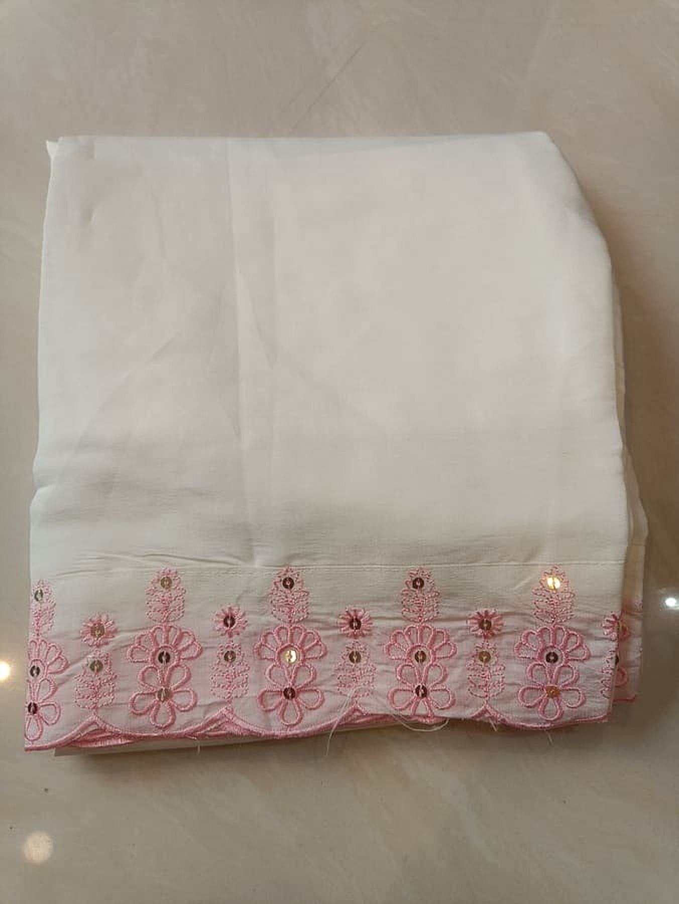 White pure silk stole with pink floral embroidery border at hem