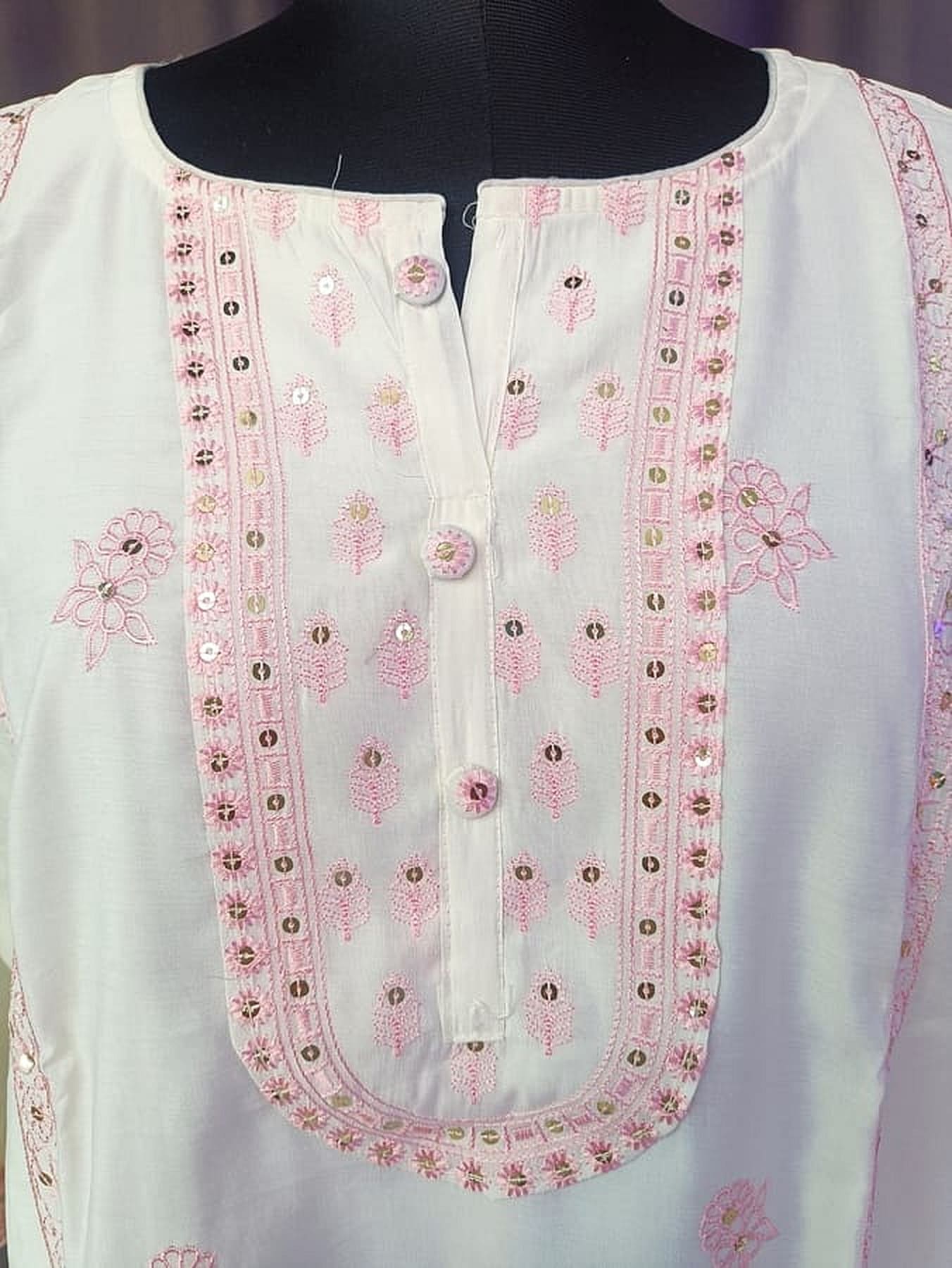White pure silk top panel with dense pink floral embroidery and beadwork