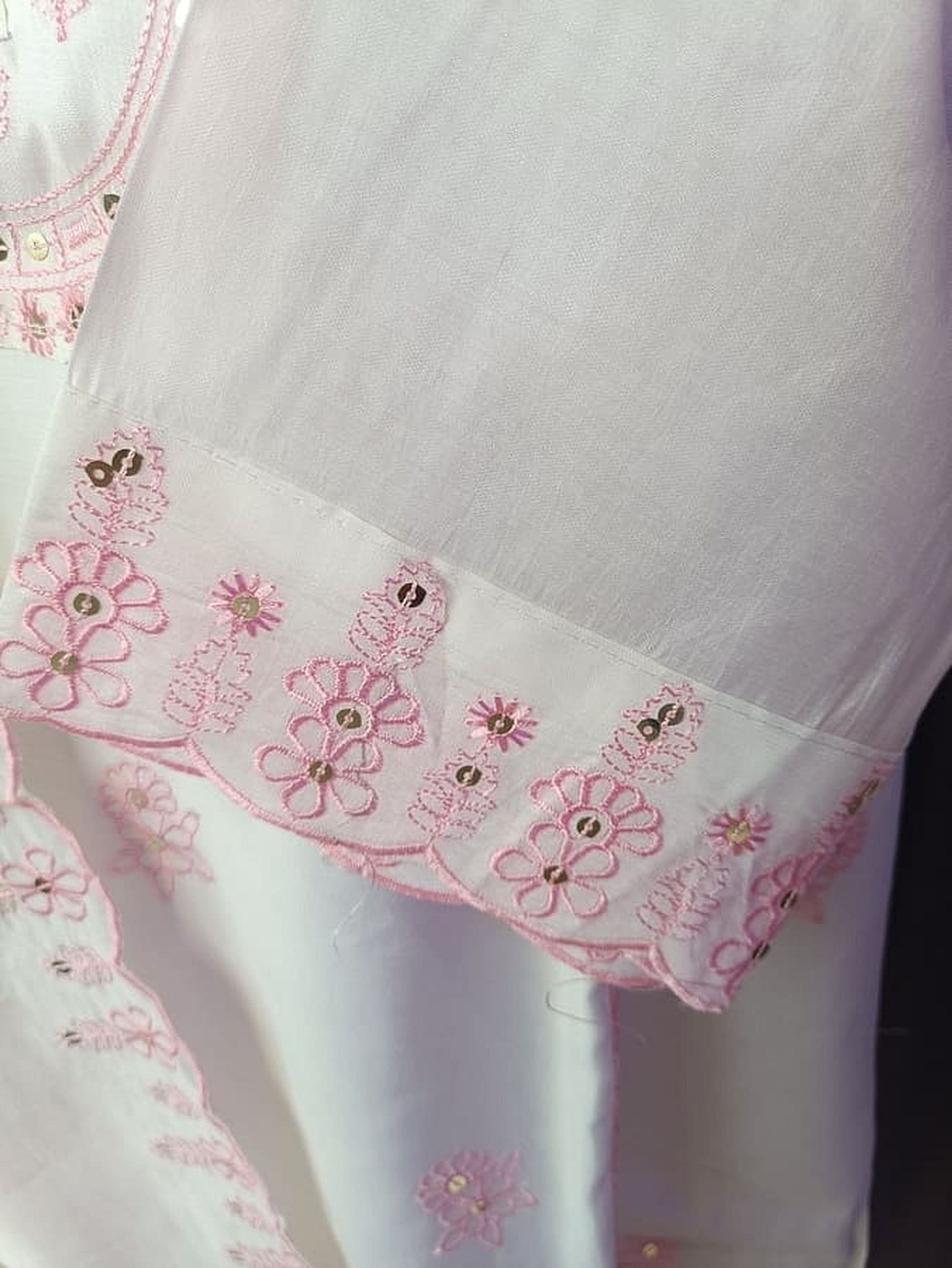 White pure silk cuff with pink floral embroidery and sheer border trim