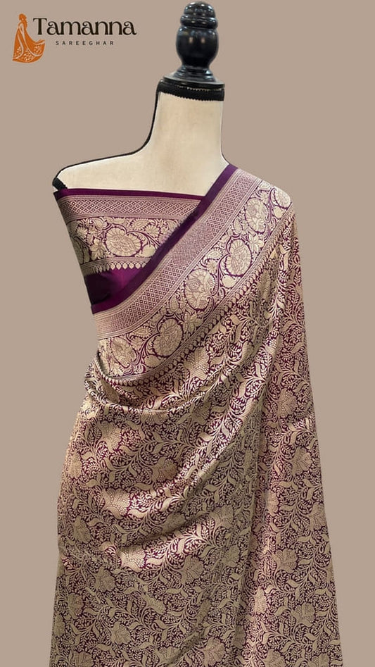 Wine katan silk saree with detailed all-over motifs and contrast purple pallu on mannequin