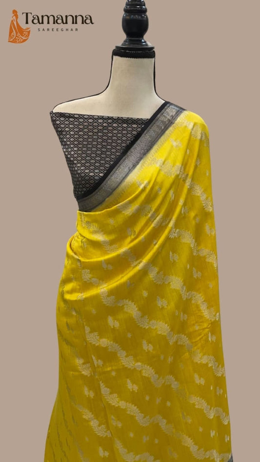 Yellow silk saree draped with black and gray woven border, silver-toned motifs