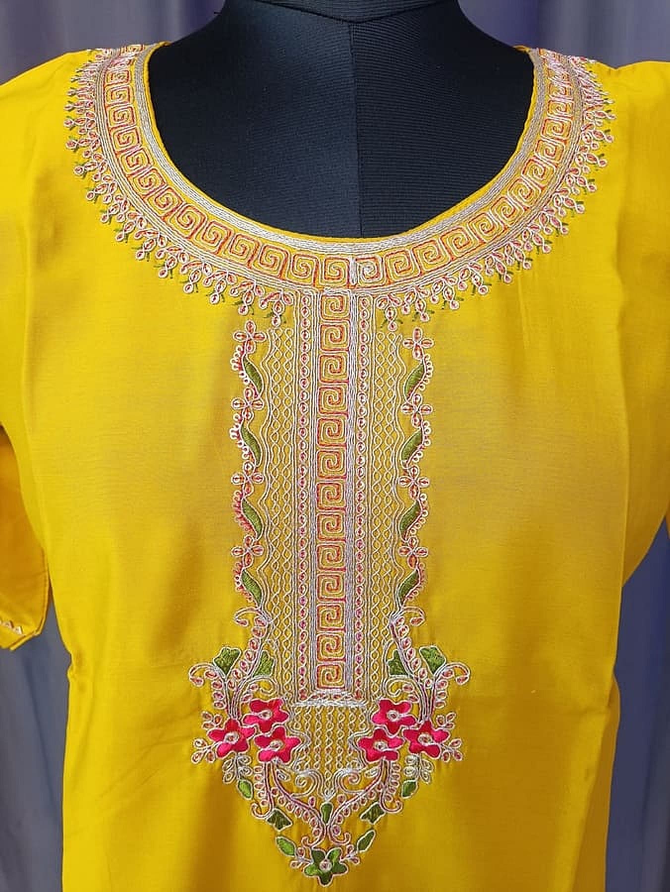 Yellow kurta neckline close-up with multicolor threadwork, beaded edging