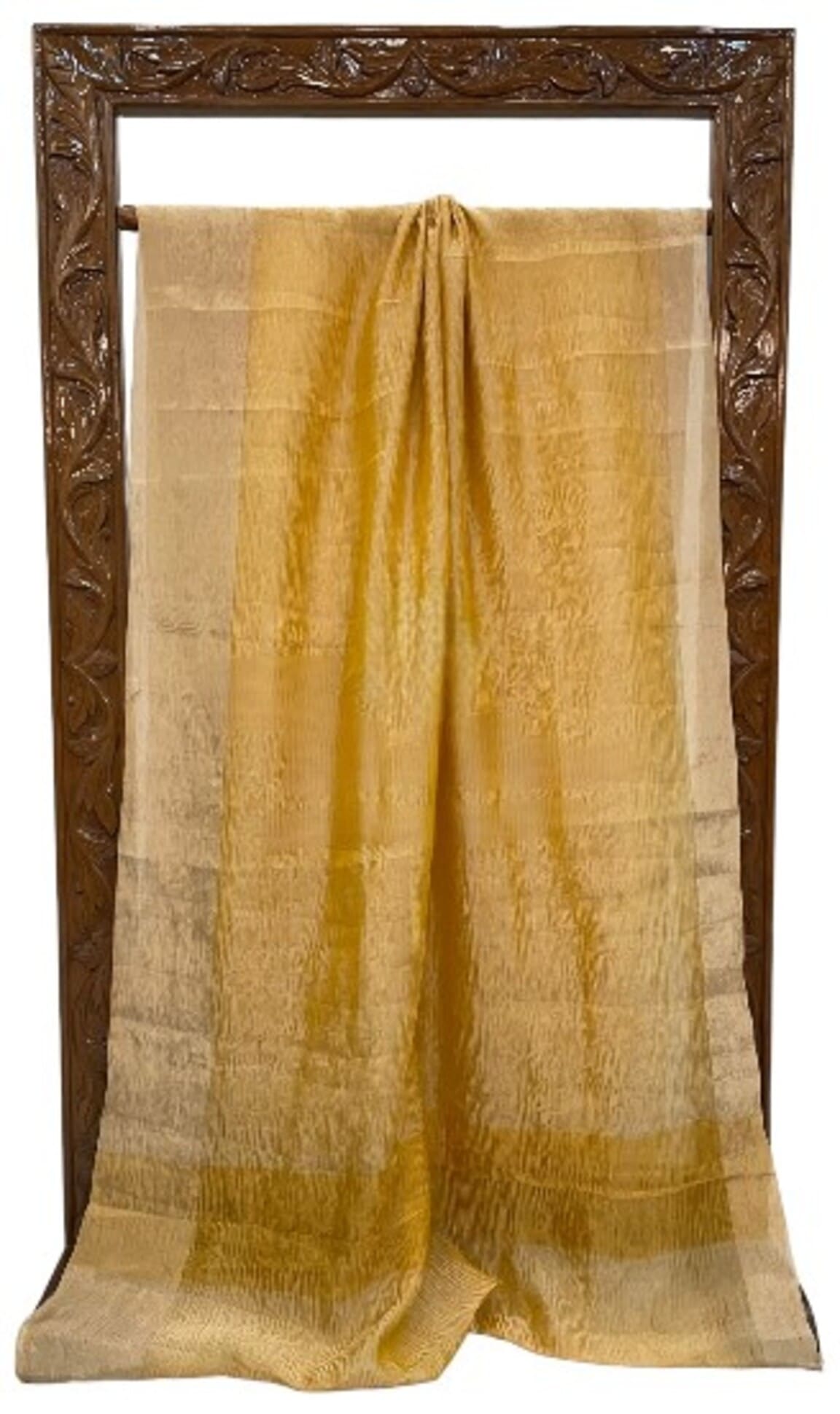 Yellow tissue crush handloom saree folded, sheer striped texture and border
